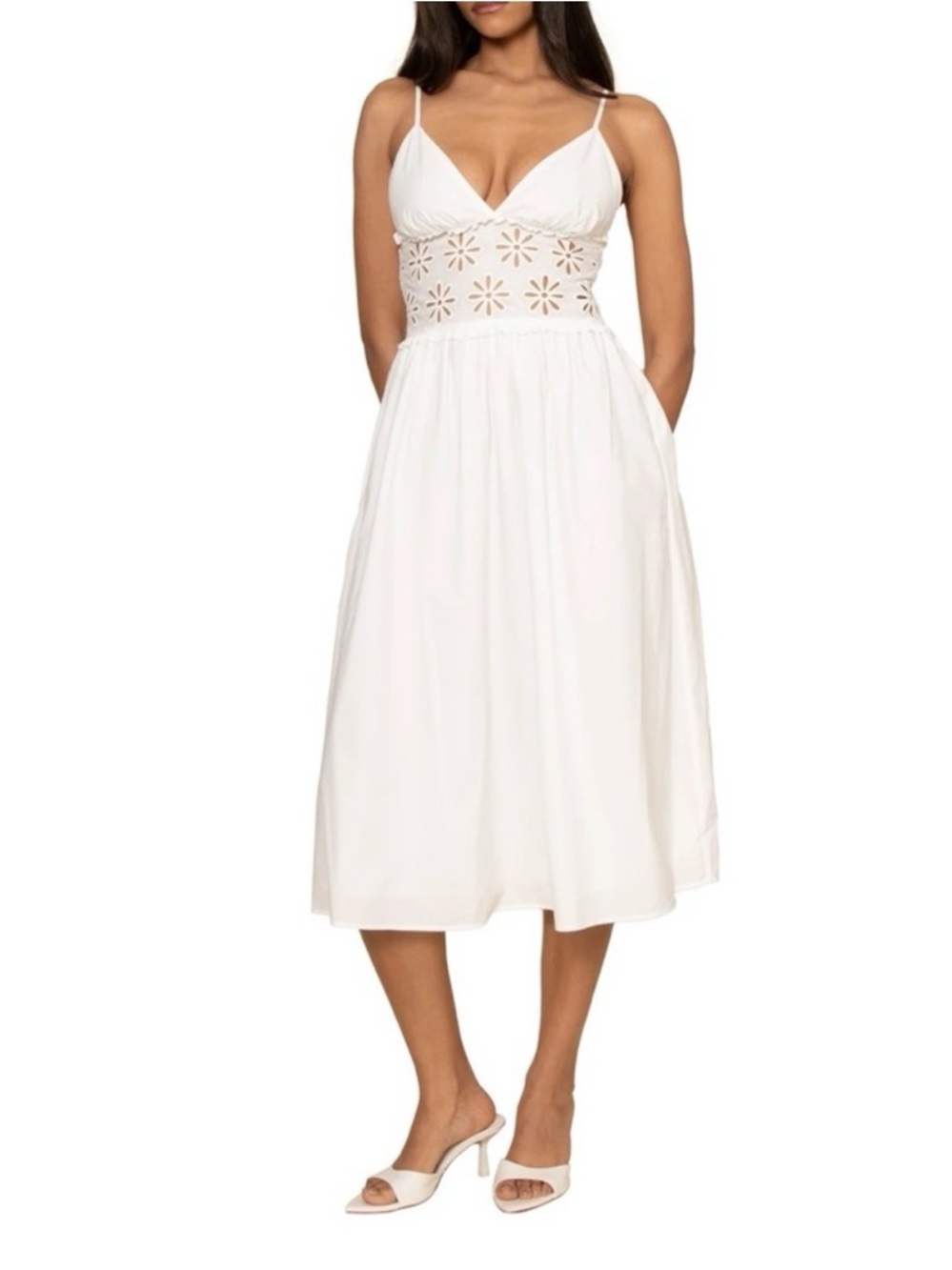 NWT Rails Terre White Flower Eyelet MIDI Dress with Spaghetti Straps L